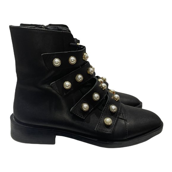 Zara Trafaluc Pearl Strap Lace Up Faux Leather Combat Ankle Boots Black … - Picture 6 of 14